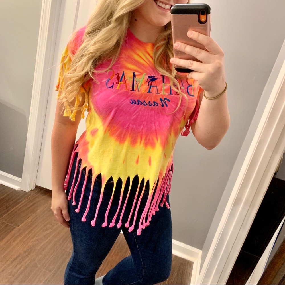 Neon Tie-Dye Fringe Bahamas Crop Top Size Medium Hot Pink and Neon Yellow